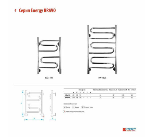 Полотенцесушитель электрический Energy Bravo 800x500 мм EETRBRAVO0805000000
