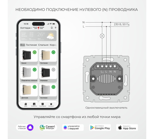 Умный сенсорный выключатель одноклавишный (дымчатый) W4513641