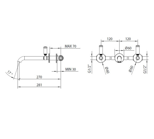 Смеситель для раковины Bossini Liberty на 3 отверстия бронза Z001303.022