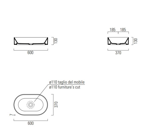 Раковина накладная GSI KUBE X 600х370 мм овальная матовая Ardesia 945826