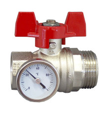 Кран шаровой Oventrop 1 ВР x 1 НР плоское уплотнение с термометром ручка-бабочка красная 1406484