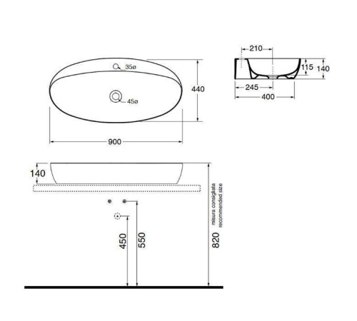 Раковина накладная Azzurra Elegance Circle 90x44x14 см 1 отв. ELLA090440CMBI
