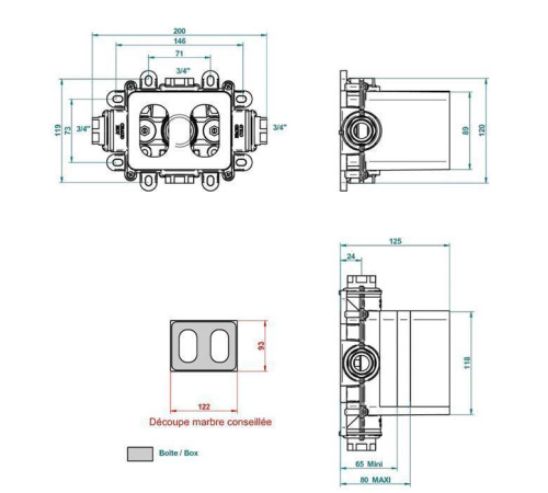 Термостат THG 3/4 60 л/мин с восковым картриджем и коробкой для встраивания G00-A00-5200AE