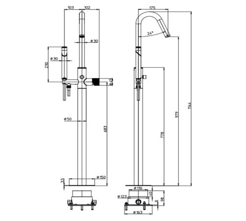 Смеситель для ванны напольный Bossini PLY Z00942.030 с ручным душем хром