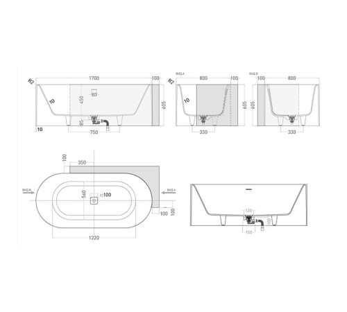 Ванна угловая правая Salini Perla CR 180x90 см S-Stone белый матовый 1049203M