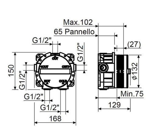Внутренняя часть встраиваемого термостатического смесителя Plumberia Selection PSBOX на 2-3 выхода PSB003