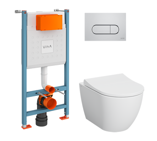 Комплект унитаз подвесной VitrA Mia Round с тонким сиденьем микролифт, инсталляцией и панелью смыва 9873B003-7201