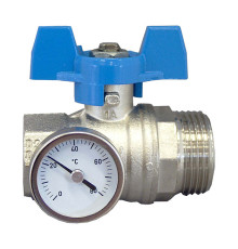 Кран шаровой Oventrop 1 ВР x 1 НР плоское уплотнение с термометром ручка-бабочка синяя 1406584