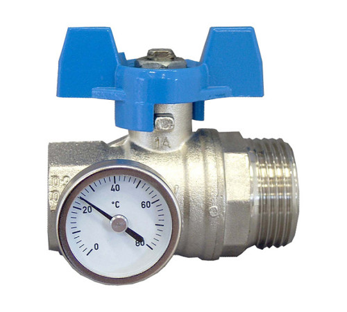 Кран шаровой Oventrop 1 ВР x 1 НР плоское уплотнение с термометром ручка-бабочка синяя 1406584