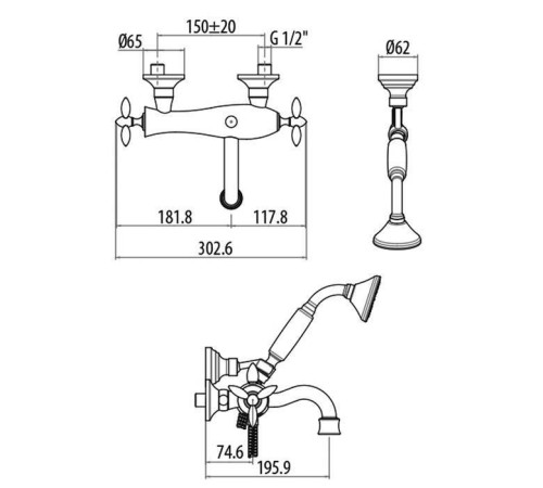 Смеситель для ванны Gattoni Timor с лейкой и шлангом золото 24 карата 1800118D0oro
