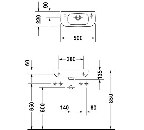 Раковина подвесная Duravit D-Code 50х22 см 1 отверстие справа 07065000082