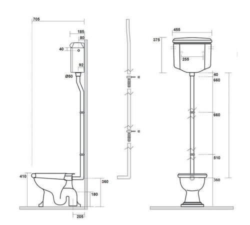 Унитаз напольный Kerasan Retro 72х38.5 см с высоким бачком слив в пол белый/золото 101001/754591/760391/108001/757391