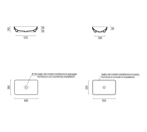 Раковина накладная GSI Pura 600х380 мм без отверстия под смеситель белый глянцевый 883711