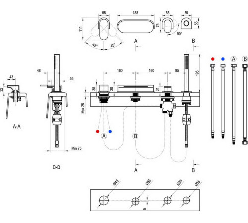 Смеситель для ванны врезной каскадный RAVAK Chrome CR 025.20BL черный X070445