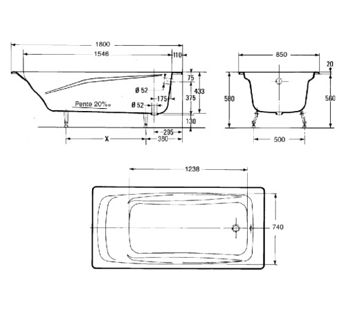 Ванна чугунная Jacob Delafon Repos 180х85 см без отверстий для ручек E2904-00
