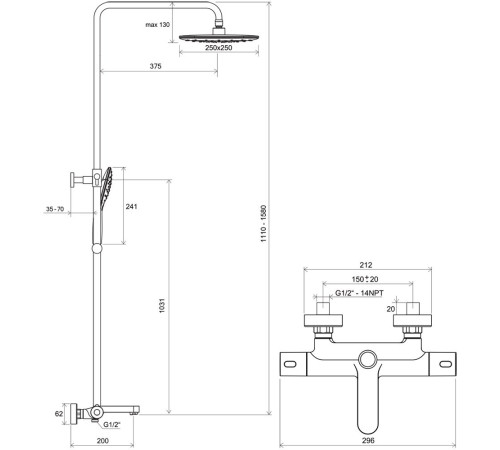 Душевая стойка с термостатическим смесителем для ванны и ручным душем RAVAK Termo 300 TE 092.20BL черная X070444