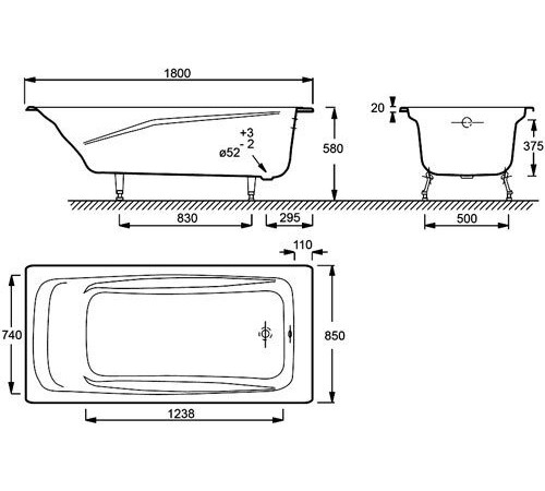 Ванна чугунная Jacob Delafon Repos 180x85 см без отверстий для ручек E2904-S-00