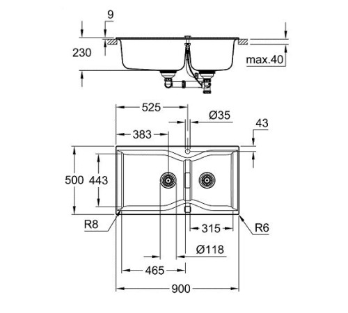 Мойка кухонная композитная GROHE K700 2 чаши 900x500 мм черный гранит 31658AP0