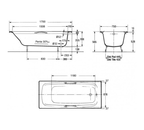 Ванна чугунная Jacob Delafon Diapason 170х75 см без отверстий для ручек E2937-00