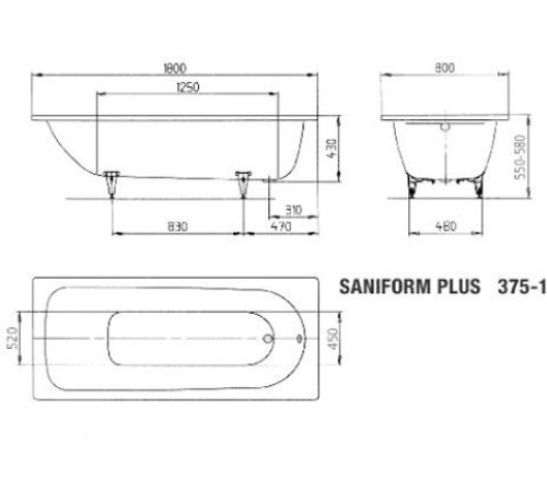 Ванна стальная Kaldewei Saniform Plus 375-1 180х80 см с антискользящим покрытием 112830000001