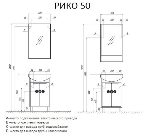 Тумба-умывальник с раковиной Aquaton Рико 50 / Смайл 50 1A2124K1RIB90