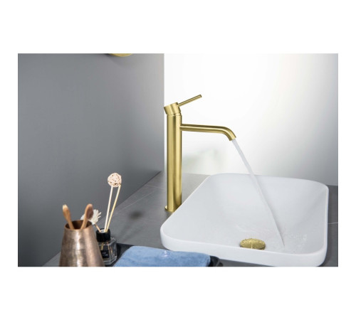 Смеситель для раковины высокий Aquanet Europa 215 мм без донного клапана шлифованное золото AQ1304BG