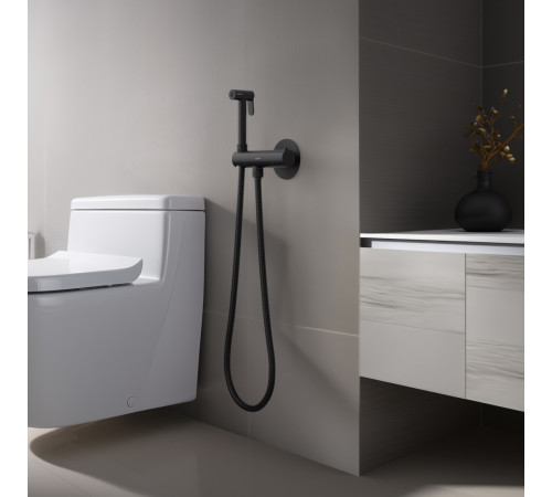 Комплект для гигиенического душа термостатический встроенный Aquanet Oberon смеситель, лейка, шланг, матовый черный AQ1027MB