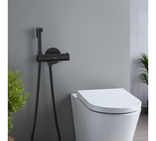 Комплект для гигиенического душа термостатический встроенный Aquanet Oberon смеситель, лейка, шланг, матовый черный AQ1027MB