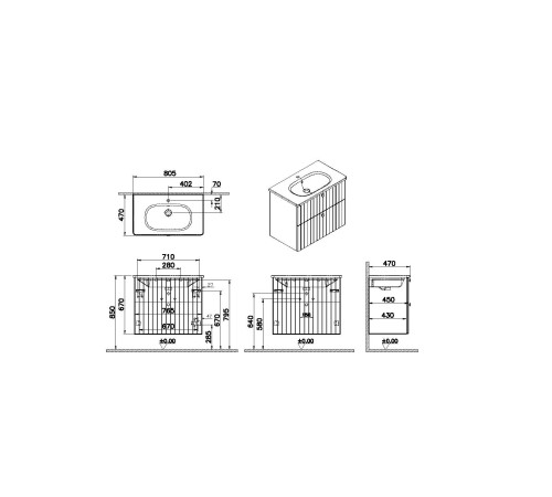 Тумба с раковиной VitrA Root Groove 80 см 2 ящика матовый белый 69436