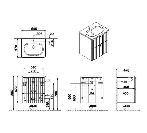 Тумба с раковиной VitrA Root Groove 60 см 2 ящика матовый белый 69415