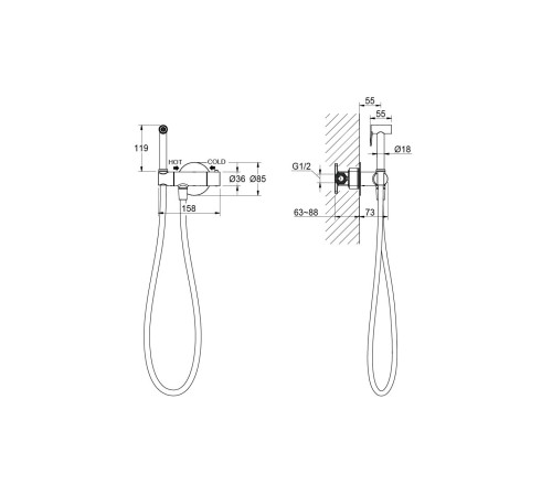Комплект для гигиенического душа термостатический встроенный Aquanet Oberon смеситель, лейка, шланг, шлифованное золото AQ1027BG