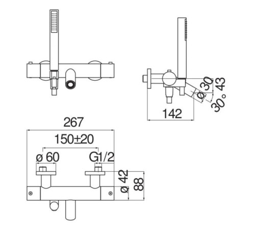 Смеситель термостатический для ванны Paffoni LIVE с ручным душем матовый белый LV00010/2WM