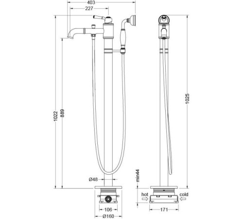 Смеситель для ванны напольный Aquanet Классик комплект полированное золото AQ1545PG
