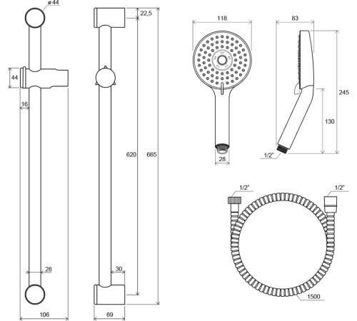 Душевой гарнитур RAVAK шланг 150 см лейка Flat M 3 функции штанга 60 см X07S003