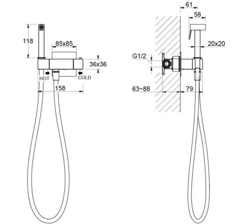 Комплект для гигиенического душа термостатический встроенный Aquanet Libra смеситель, лейка, шланг, хром AQ1028CR