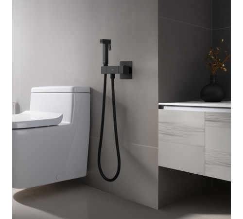Комплект для гигиенического душа термостатический встроенный Aquanet Libra смеситель, лейка, шланг, матовый черный AQ1028MB