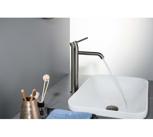 Смеситель для раковины высокий Aquanet Europa 215 мм без донного клапана оружейная сталь AQ1304BGM