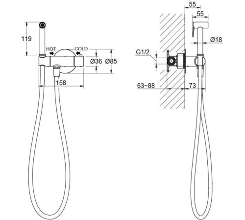 Комплект для гигиенического душа термостатический встроенный Aquanet Oberon смеситель, лейка, шланг, матовый черный AQ1027MB