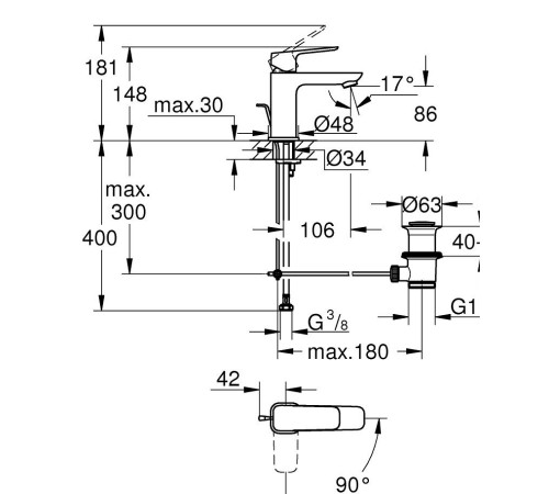 Смеситель для раковины GROHE Cubeo однорычажный размер S хром 1017300000