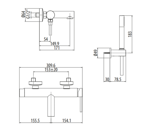Смеситель для ванны Gattoni Circle One настенный с ручной лейкой черный матовый 9000/90NO