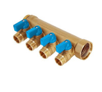 Коллектор латунный никелированный Hoobs 3/4х4х1/2 EK с шаровыми кранами 4 выхода синие ручки HB-6200R6H0504B4A