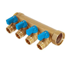 Коллектор латунный никелированный Hoobs 3/4х4х1/2 EK с шаровыми кранами 4 выхода синие ручки HB-6200R6H0504B4A