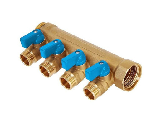 Коллектор латунный никелированный Hoobs 3/4х4х1/2 EK с шаровыми кранами 4 выхода синие ручки HB-6200R6H0504B4A