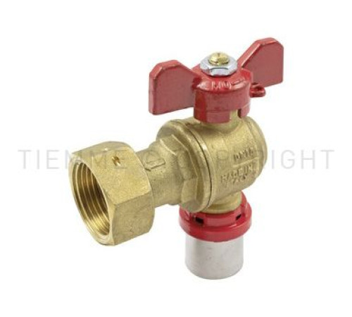 Кран шаровой угловой под запрессовку Tiemme 20 мм x 3/4 ВР ручка-бабочка красная 1680019