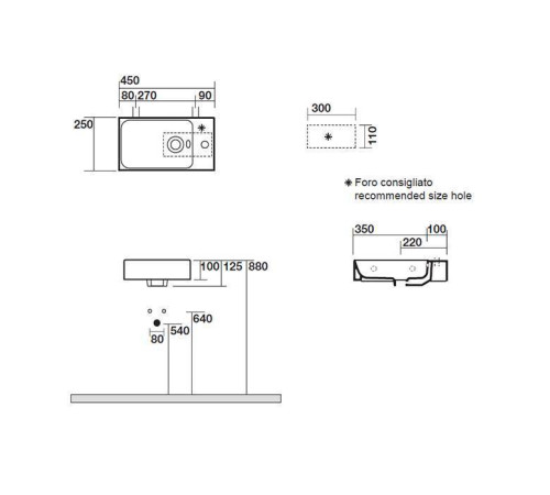 Раковина подвесная Kerasan Cento 45х25 см 1 отверстие справа 353701R