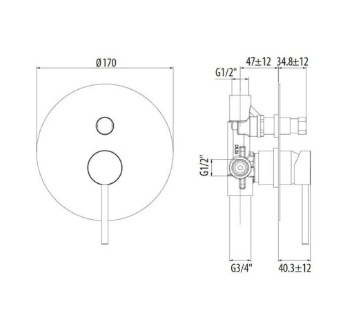 Смеситель встраиваемый Gattoni Circle Two на 2 выхода с внутренней частью черный матовый 9134/91NO