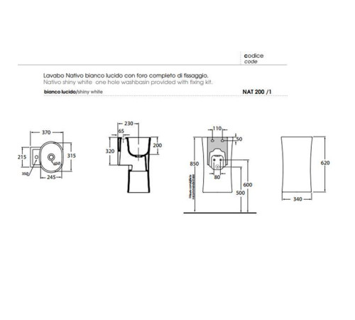 Раковина подвесная Azzurra Nativo 35x37x62 см 1 отверстие LALS035370NM