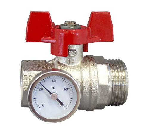 Кран шаровой Oventrop 3/4 ВР x 1 НР с термометром и красной ручкой-бабочкой 1406483