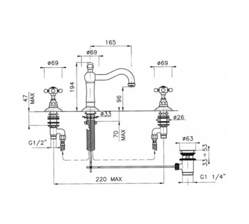 Смеситель для раковины Nicolazzi Dames Anglaises на 3 отверстия с донным клапаном бронза 1409BZ78