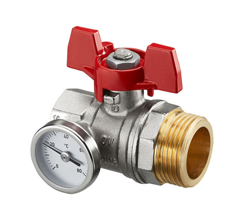 Кран шаровой Oventrop 1 ВР x 1 НР плоское уплотнение с термометром ручка-бабочка красная 1406484